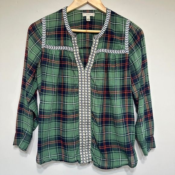 J. Crew Plaid‎ Embroidered Blouse Womens 4P Green Long Sleeve Preppy Lightweight - Picture 1 of 10